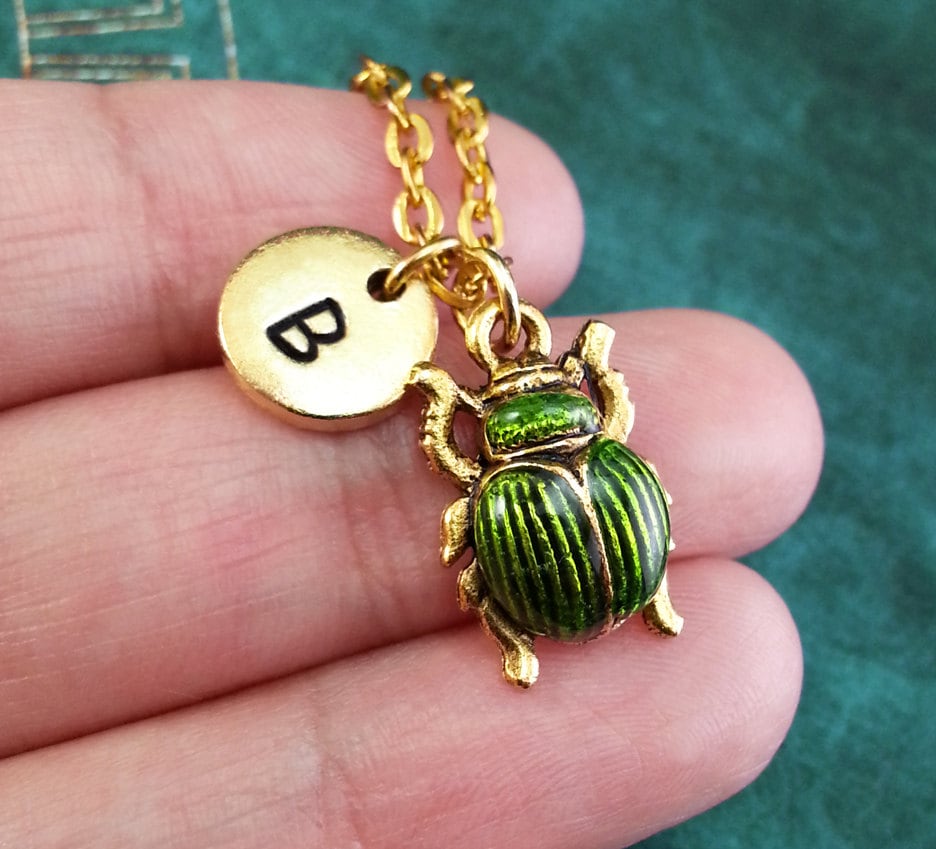 Green Beetle Necklace VERY SMALL Bug Necklace Custom Initial Necklace ...