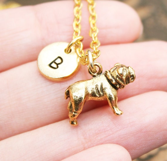 Bulldog Necklace, Dog Pendant, Initial Necklace, Animal Necklace