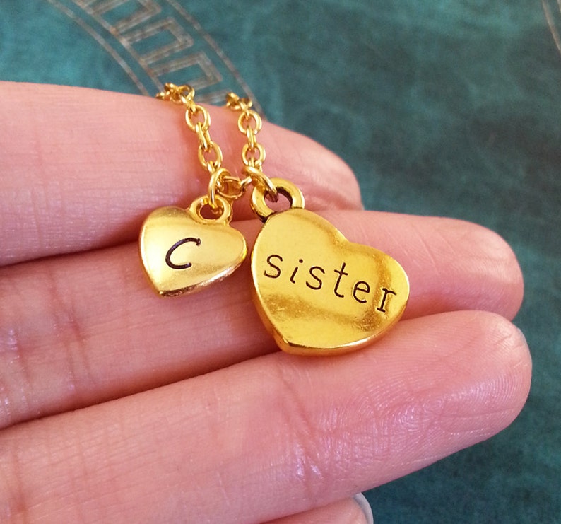 Sister Necklace SMALL Sister Jewelry Gold Sister Charm Necklace Sister Pendant Necklace Sisters Gift Initial Necklace Sister Heart Necklace image 2