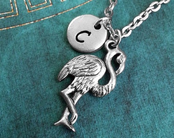 Silver Flamingo Necklace, Personalized Necklace, Animal Necklace, Monogram Necklace, Animal Jewelry, Flamingo Charm Necklace, Custom Gift