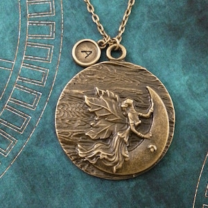 Fairy Necklace Moon Fairy Jewelry Brass Pendant Necklace Girlfriend Gift Moon Necklace Medallion Necklace Bridesmaid Necklace Fairy Gift