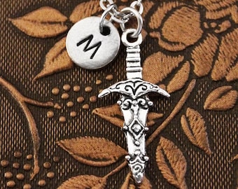 Personalized Sword Necklace, Initial Necklace, Sword Pendant Necklace, Medieval Sword Charm, Monogram Necklace, Fantasy Gift Video Game Gift