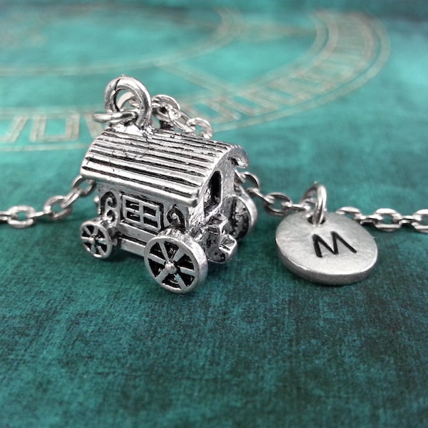 Gypsy Cart Necklace, Initial Necklace, Gypsy Necklace, Gypsy Charm, Caravan Monogram Necklace, Hand Stamped Jewelry Personalized Key Chain