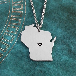 Wisconsin Halskette, Wisconsin Schlüsselbund, personalisierte Schmuck, Hand gestempelt Halskette, Fern Beziehung Zustand Halskette Karte Halskette
