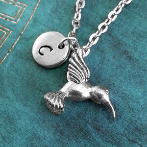 Silver Hummingbird Necklace, Hummingbird Pendant, Personalized Jewelry, Bird Necklace, Monogram Necklace, Humming Bird Charm Necklace