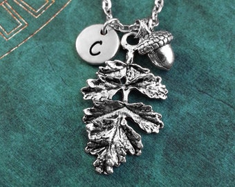 Acorn Necklace, Initial Necklace Personalized Necklace, Leaf Pendant, Custom Necklace, Fall Necklace, Autumn Necklace, Silver Charm Necklace