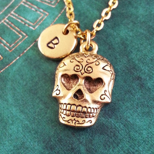 Sugar Skull Necklace Day Of The Dead Necklace Personalized Jewelry Dia de los Muertos Necklace Gold Sugar Skull Charm Necklace Halloween