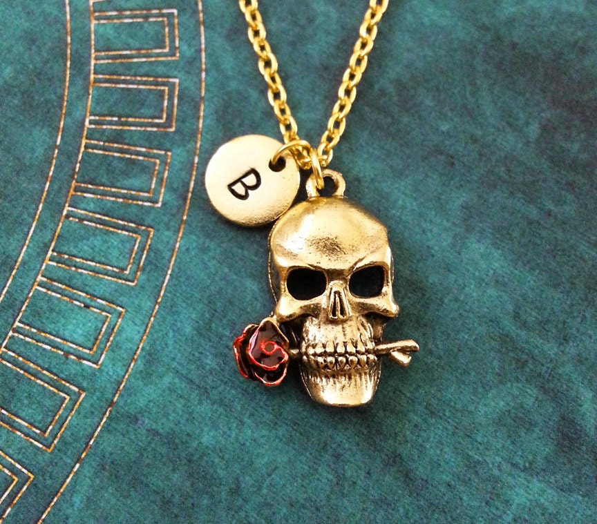 Skull Necklace Gold Gothic Skull Jewelry Red Rose Skull Gift Etsy