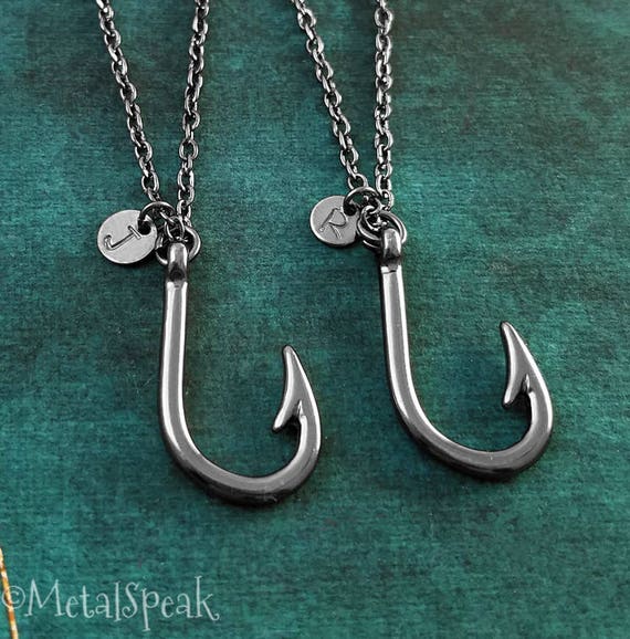 Fish Hook Necklace SET of 2 Black Fish Hook Charm Necklaces Fishing Gift  Gunmetal Pendant Necklace Best Friend Necklace Friendship Jewelry -   Denmark