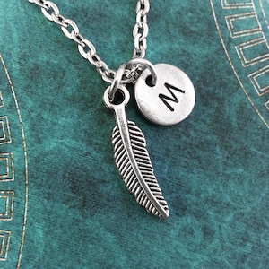 Feather Necklace, Personalized Necklace, Small Feather Pendant, BIrd Necklace, Monogram Necklace, Small Silver Feather Charm Necklace