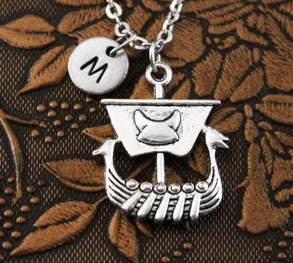 Viking Ship Necklace, Initial Necklace, Viking Necklace, Engraved Necklace, Vikings Gift, Pewter Jewelry, Monogram Necklace, Charm Necklace