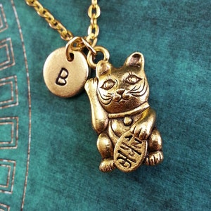 Maneki Neko Cat Necklace, Lucky Cat Pendant, Welcoming Cat Necklace, Chinese Lucky Cat Necklace, Monogram Necklace, Gold Cat Charm Keychain