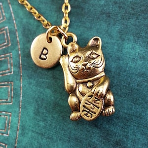 Maneki Neko Cat Necklace, Lucky Cat Pendant, Welcoming Cat Necklace, Chinese Lucky Cat Necklace, Monogram Necklace, Gold Cat Charm Keychain