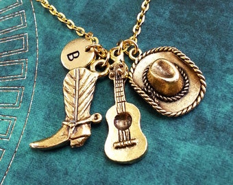 Cowboy Boot Hat Guitar Necklace Gold Guitar Charm Personalized Necklace Hand Stamped Initial Engraved Necklace Cowboy Hat Keychain Western