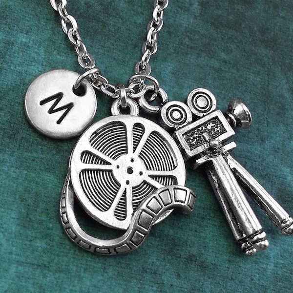 Movie Camera Necklace, Personalized Necklace, Movie Camera Pendant, Movie Lover Gift, Monogram Necklace, Film Student Gift, Charm Necklace