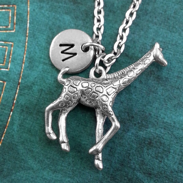 Giraffe Necklace, Personalized Necklace, Silver Giraffe Pendant, Safari Animal Jewelry, Giraffe Gift, Monogram Necklace, Charm Necklace