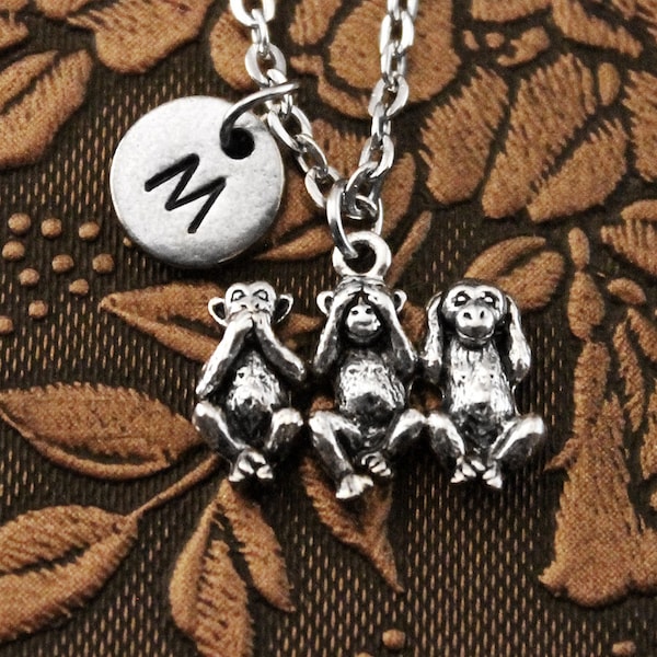 See No Evil Hear No Evil Speak No Evil Monkey Necklace, Initial Necklace, Three Wise Monkeys, Monogram Necklace, Charm Necklace