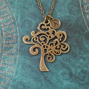 Tree Necklace Filigree Tree Jewelry Curly Tree Charm Necklace Bronze Tree Pendant Necklace Monogram Necklace Bridesmaid Necklace Initial