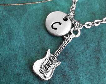 Electric Guitar Necklace, Guitar Gift, Personalized Necklace, Gift for Guitarist, Monogram Necklace, Guitar Charm Necklace, Musician Gift