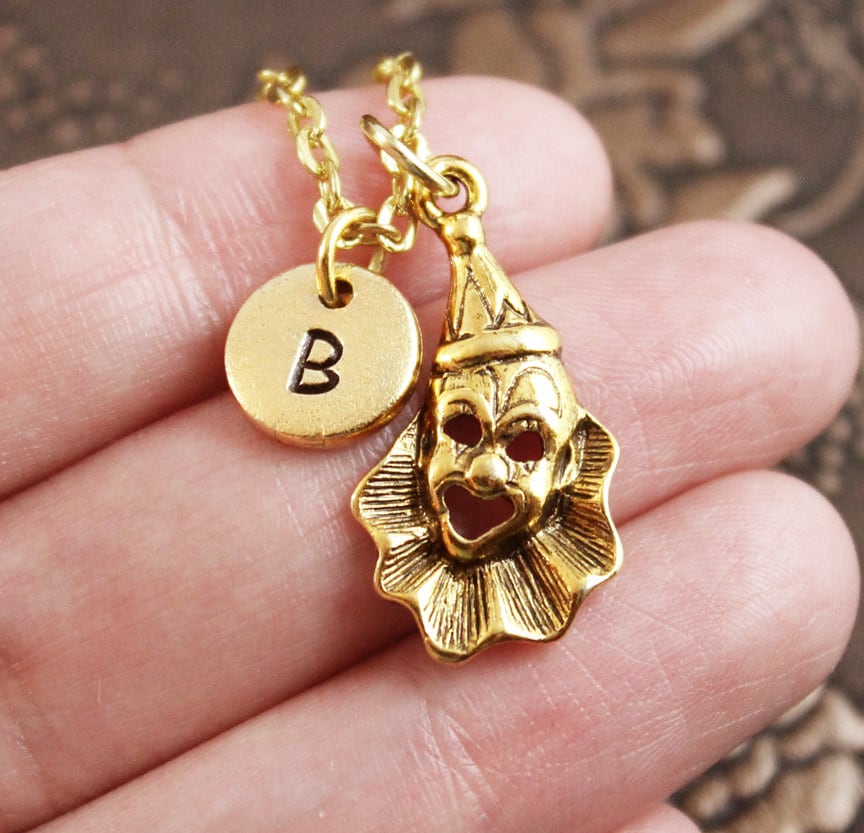 Clown Necklace, Initial Necklace, Clown Pendant Jewelry, Circus