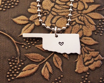 Oklahoma Necklace Personalized Jewelry Hand Stamped Long Distance Relationship Girlfriend Gift Couples Necklace Heart Map State Necklace