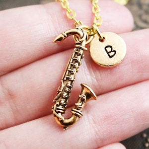 Gold Saxophone Necklace, Initial Necklace, Sax Necklace, Jazz Jewelry, Monogram Necklace, Sax Charm Necklace, Gold Necklace, Musician Gift