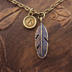 Blue Feather Necklace, Custom Initial Necklace, Personalized Necklace, Engraved Necklace, Hand Stamped Necklace, Feather Charm Neckace