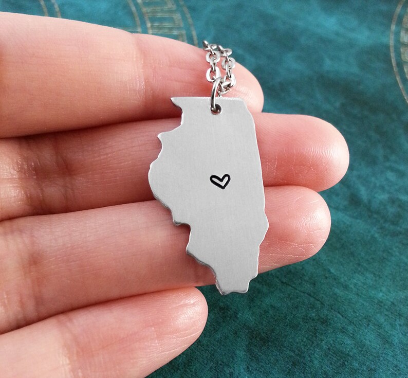 Illinois Necklace, Personalized Jewelry, Hand Stamped Necklace, Long Distance Relationship, State Necklace, Map Necklace, Heart State image 2