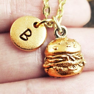 Burger Necklace, Custom Initial Necklace, Personalized Necklace, Cheeseburger Necklace, Hamburger Necklace, Monogram Necklace, Gold Necklace