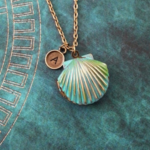 Clam Necklace Blue Patina Clam Jewelry Bronze Necklace Personalized Jewelry Patina Jewelry Patina Necklace Brass Clam Locket Beach Necklace