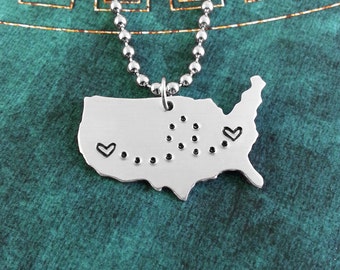 United States Personalized Hand Stamped US Necklace Long Distance Relationship Necklace Girlfriend Gift Couples Heart Map State Necklace
