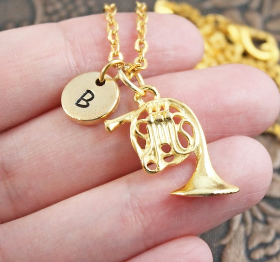 Personalized Gold French Horn Necklace Initial Necklace French Horn Pendant  Necklace French Horn Charm Necklace Monogram Necklace Band Gift