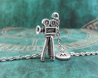 Movie Camera Necklace, Personalized Necklace, Movie Camera Pendant, Movie Lover Gift, Monogram Necklace, Film Student Gift, Charm Necklace