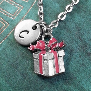 Holiday Gift With Bow Necklace, Christmas Gift Charm, Personalized Necklace, Happy Holidays Necklace, Gift Box Keyring