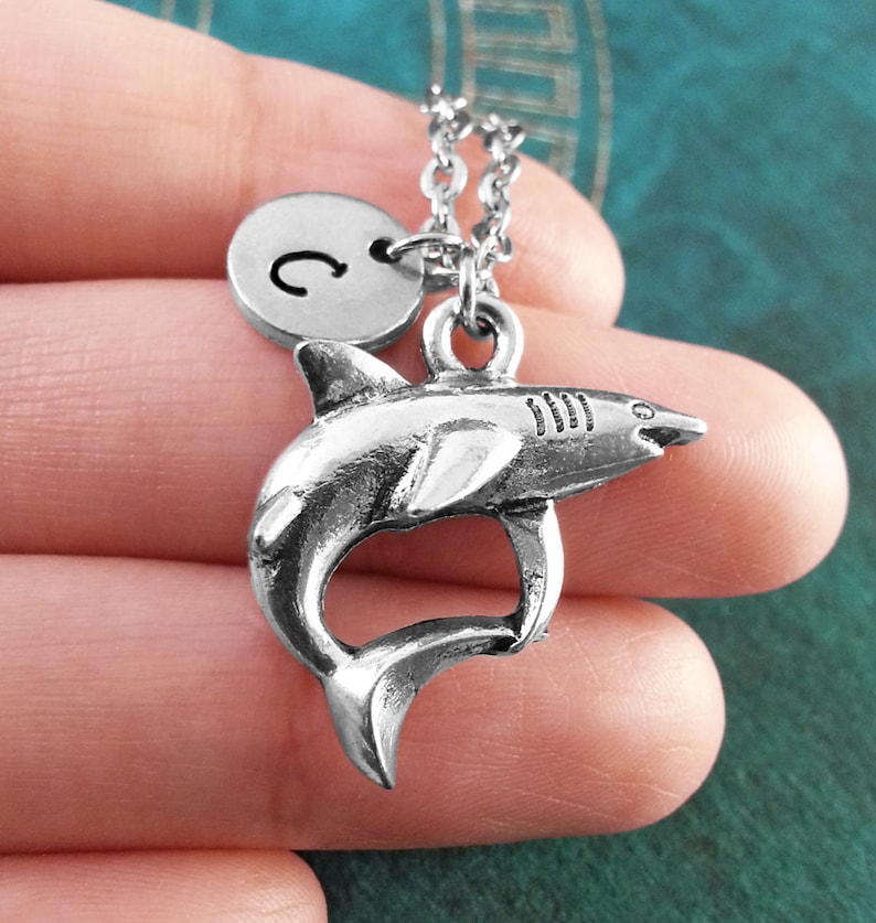 Shark Necklace, Personalized Necklace, Shark Pendant, Custom Necklace, Silver Necklace, Monogram Necklace, Shark Charm Necklace image 2