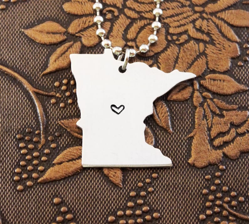 Minnesota Necklace, Personalized Jewelry, Hand Stamped Necklace, Long Distance Relationship, State Necklace, Map Necklace, Heart State image 1