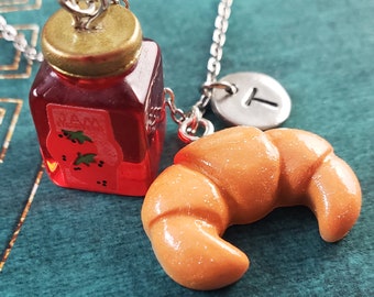 Crescent Roll Necklace Strawberry Jam Charm Food Jewelry SMALL Croissant Pendant Bread Personalized Initial Baking Gift Custom Monogram