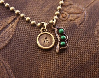 Pea Pod Necklace, Initial Necklace, Personalized Necklace Engraved Necklace, Custom Necklace, Name Necklace, Monogram Necklace, Pea Necklace