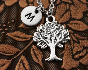 Tree Necklace, Initial Necklace Personalized Necklace, Engraved Necklace, Custom Necklace, Nature Necklace, Monogram Necklace Charm Necklace