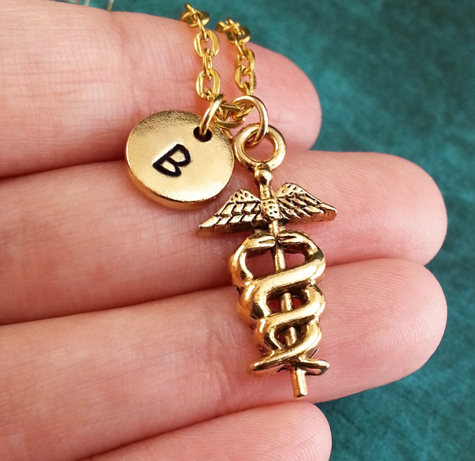 Caduceus Necklace Gold Medical Symbol Charm Personalized Etsy