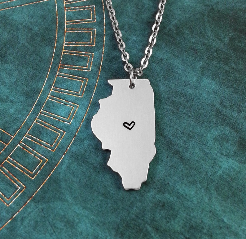 Illinois Necklace, Personalized Jewelry, Hand Stamped Necklace, Long Distance Relationship, State Necklace, Map Necklace, Heart State image 1