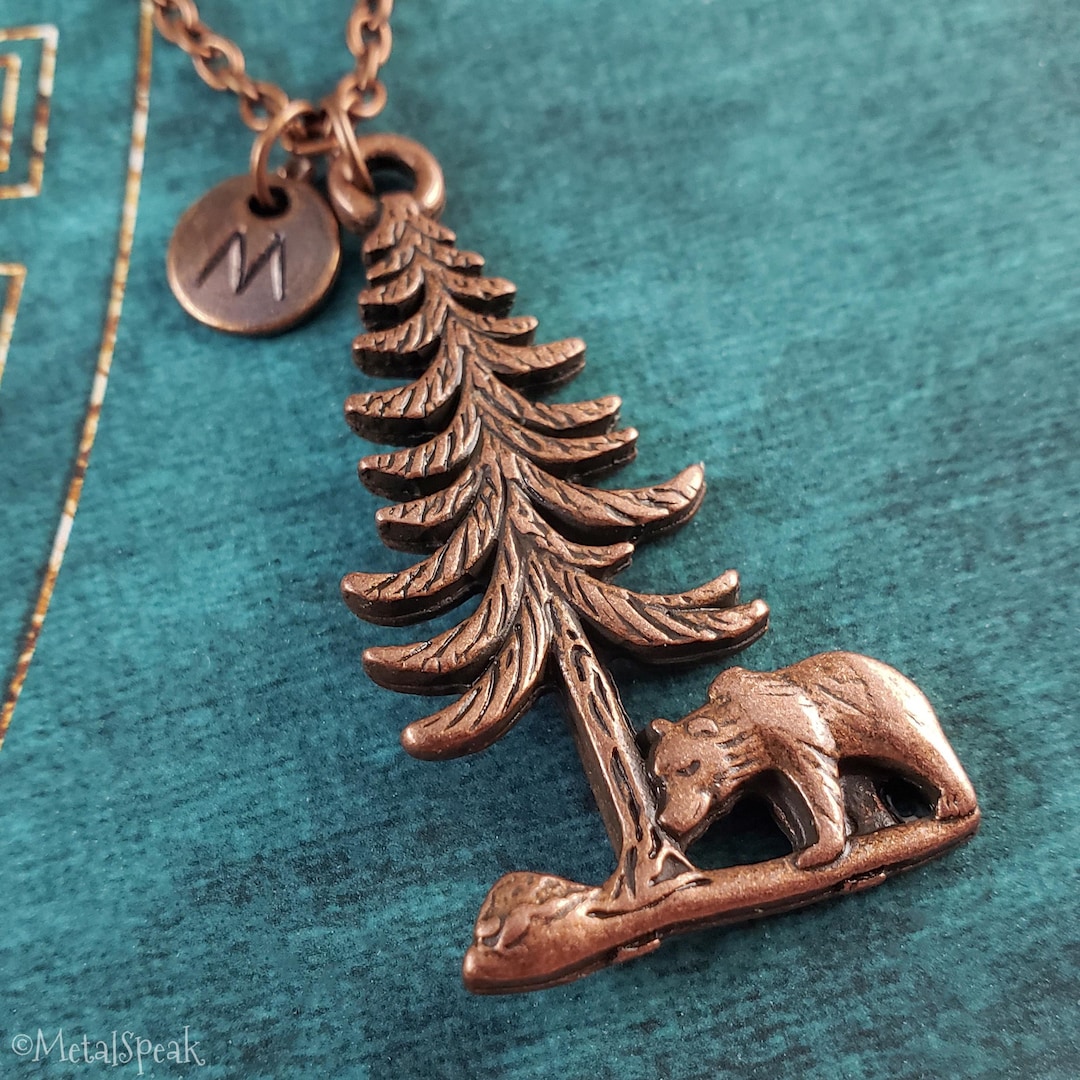 Tree Rings Bear Bear Necklace Copper Pine Tree Pendant Rustic Grizzly Bear Charm ...