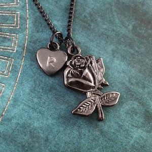 Black Rose Necklace, Custom Valentine&#39;s Day Gift, Personalized Necklace, Black Heart Pendant, Gothic Jewelry, Black Rose Charm Necklace