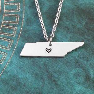 Tennessee Halskette, personalisierter Schmuck, Hand gestempelt Halskette, Fernbeziehung, Zustand Halskette, Karte Halskette, Herz Zustand