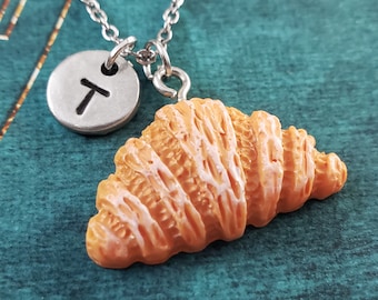 Croissant Necklace Food Jewelry SMALL Bread Charm Food Pendant Personalized Initial French Baking Gift for Her Under 30 Engraved Monogram