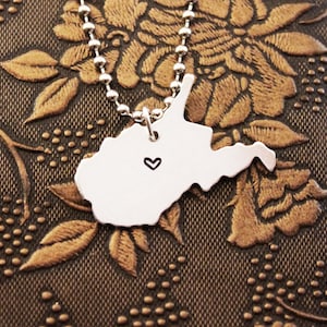 West Virginia Necklace Personalized Jewelry Hand Stamped Long Distance Relationship Girlfriend Couples Necklace Heart Map State Necklace