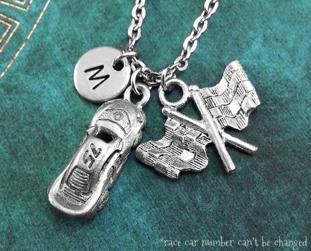 Race Car Necklace, Personalized Necklace, Race Flag Pendant, Custom