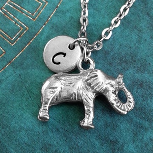 Silver Elephant Necklace, Personalized Elephant Pendant, Customized Necklace, Elephant Jewelry, Monogram Necklace, Animal Charm Necklace