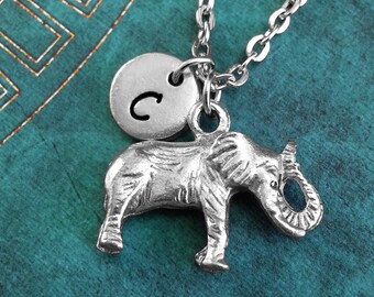 Silver Elephant Necklace, Personalized Elephant Pendant, Customized Necklace, Elephant Jewelry, Monogram Necklace, Animal Charm Necklace