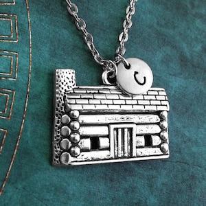 Cabin Necklace, Silver Cabin Charm, Personalized Necklace, Camping Necklace, Log Cabin Pendant, Engraved Necklace, Cabin Jewelry, Big Charm